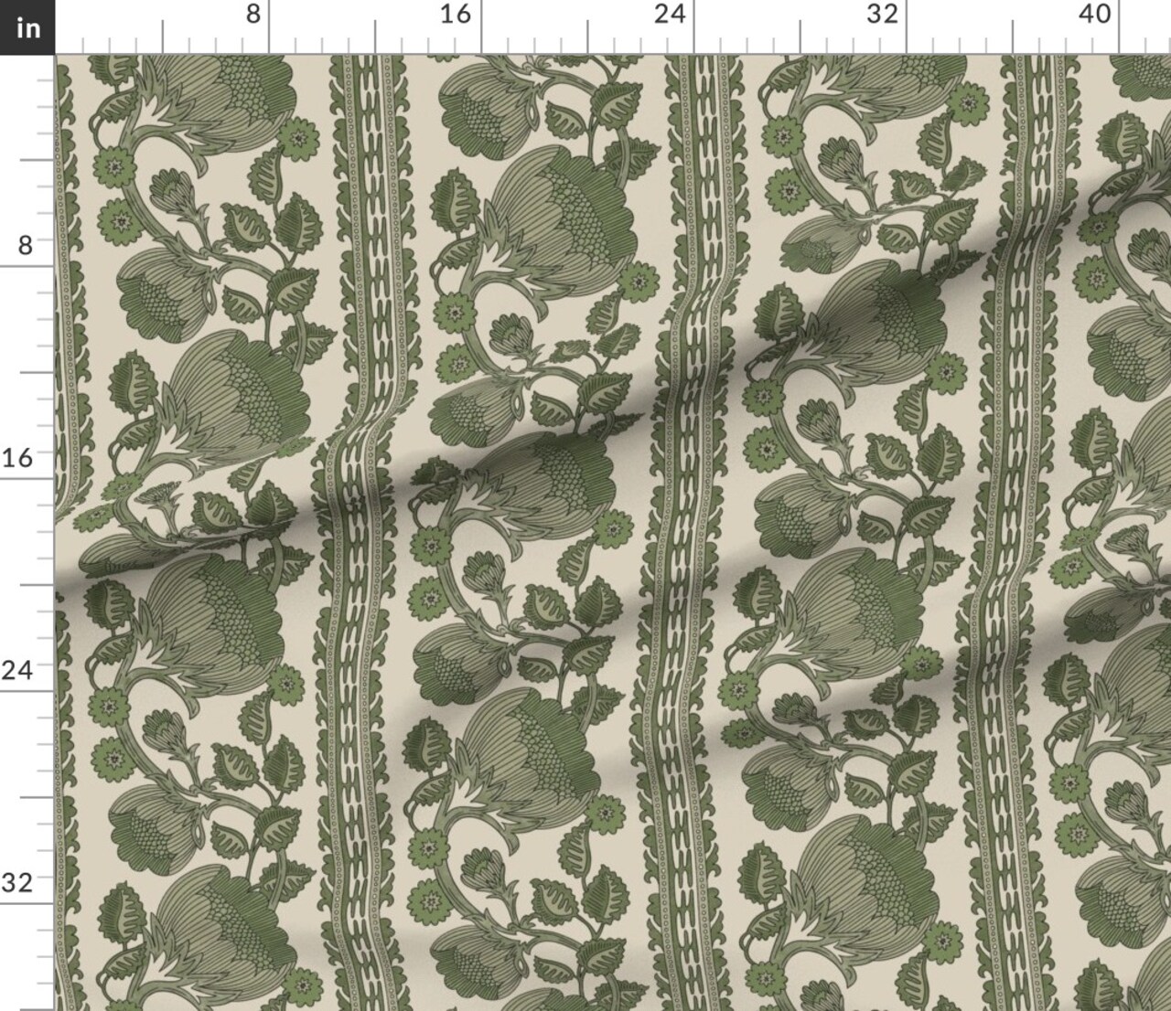 Olive Sage Floral Grandmillennial Leaf Stripe Arts And Crafts French Style English Garden Moody Floral Maximalist Modern Chintz Dark Botanical Custom Printed Fabric by Spoonflower Various Fabrics by the Yard or Fat Quarter